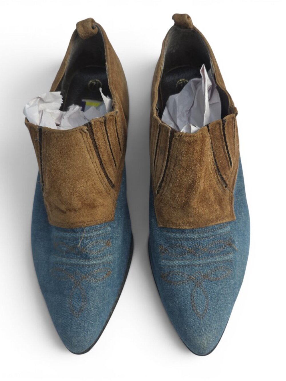 Vintage 90s Coaster's denim and suede leather slip on heeled shoes